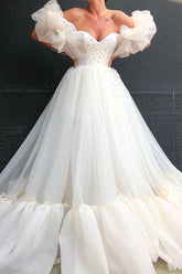 Bubble Sleeves Tulle Ball Dresses With Crystals Off-the-Shoulder